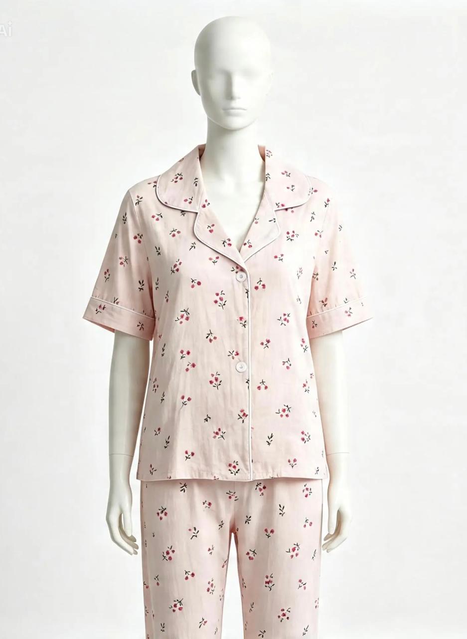 Elegant Beige Summer Pajama Set with Small Red Floral Prints