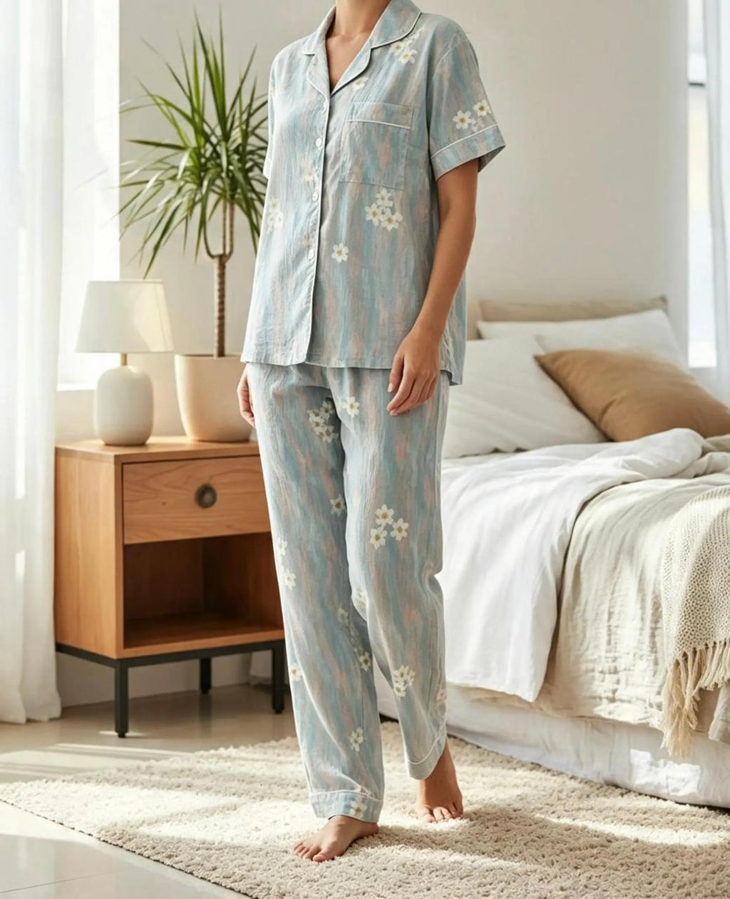 Baby Blue Summer Pajama Set with White Floral Print