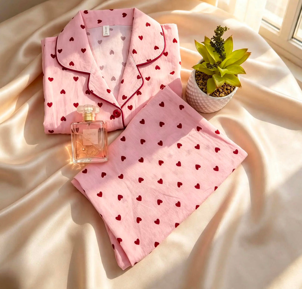 Pink Summer Pajama Set with Red Hearts – Elegant & Comfortable Sleepwear
