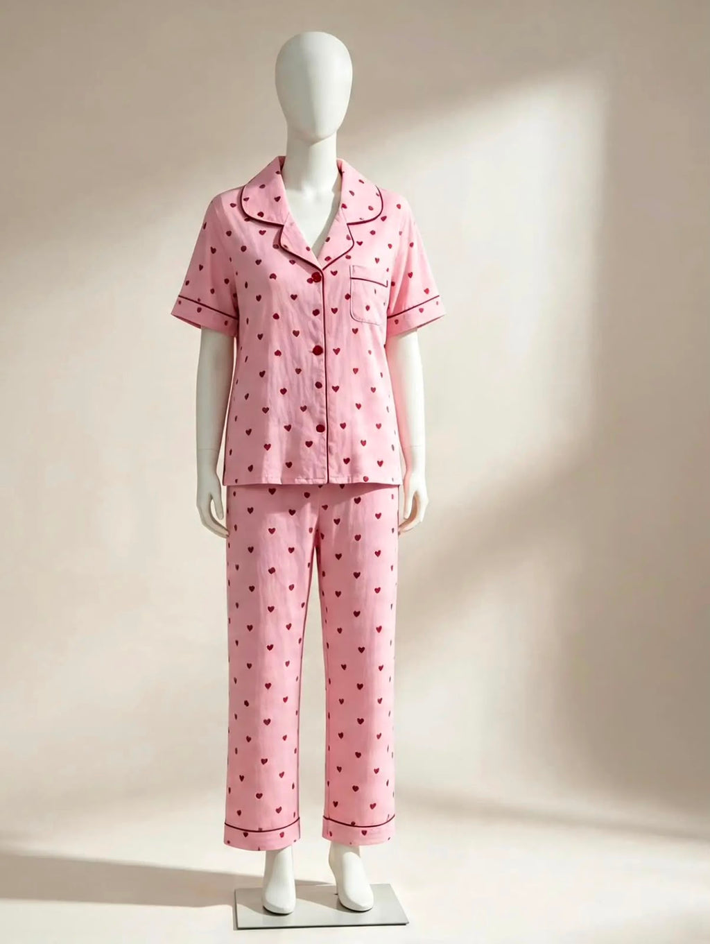 Pink Summer Pajama Set with Red Hearts – Elegant & Comfortable Sleepwear