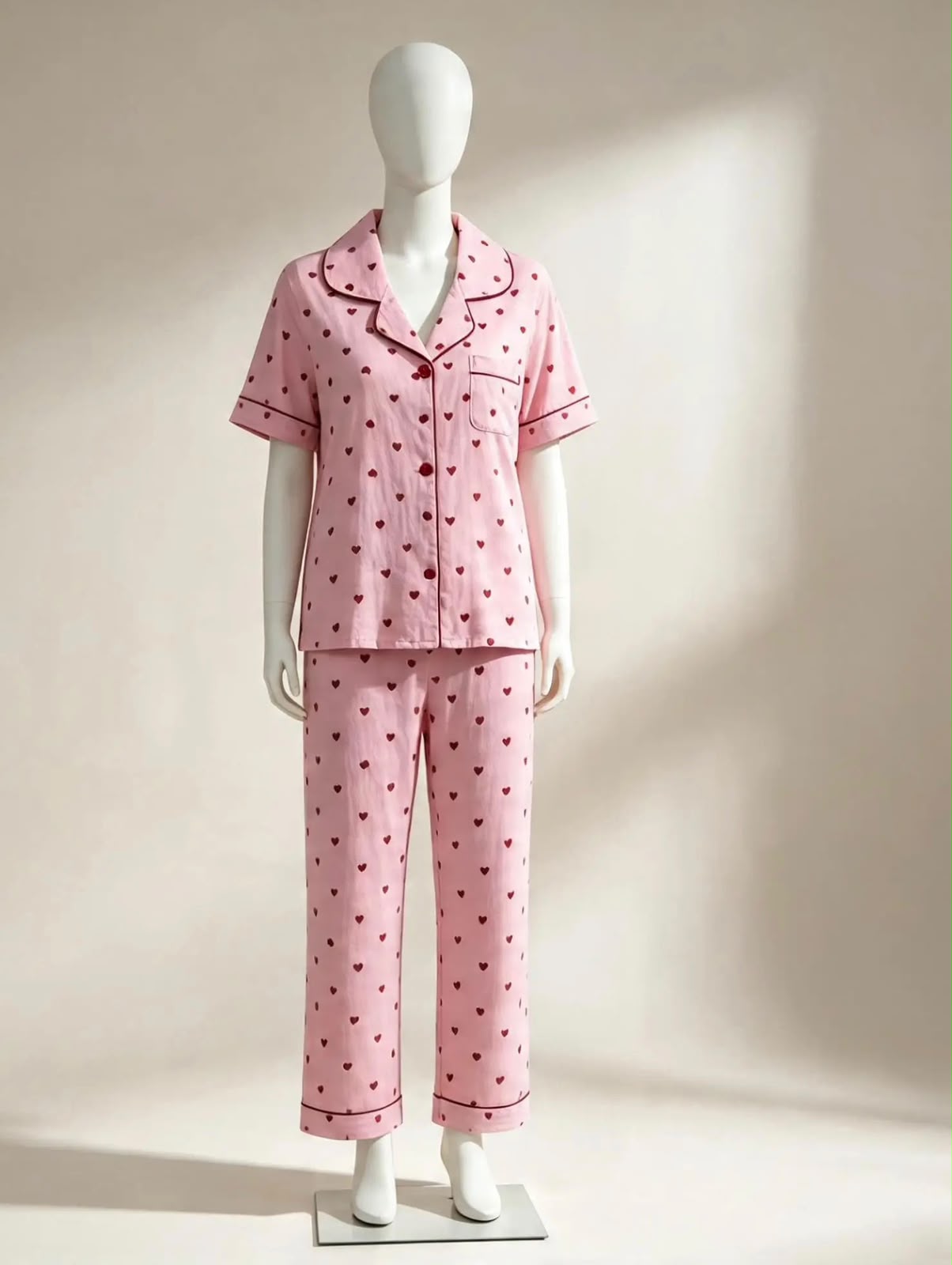Pink Summer Pajama Set with Red Hearts – Elegant & Comfortable Sleepwear