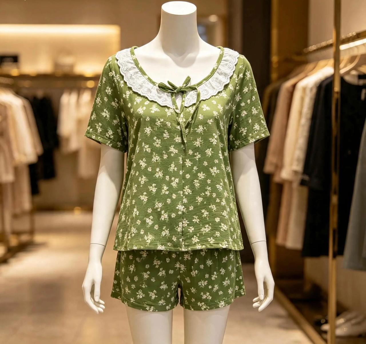 Green 3-Piece Summer Pajama Set with White Floral Print