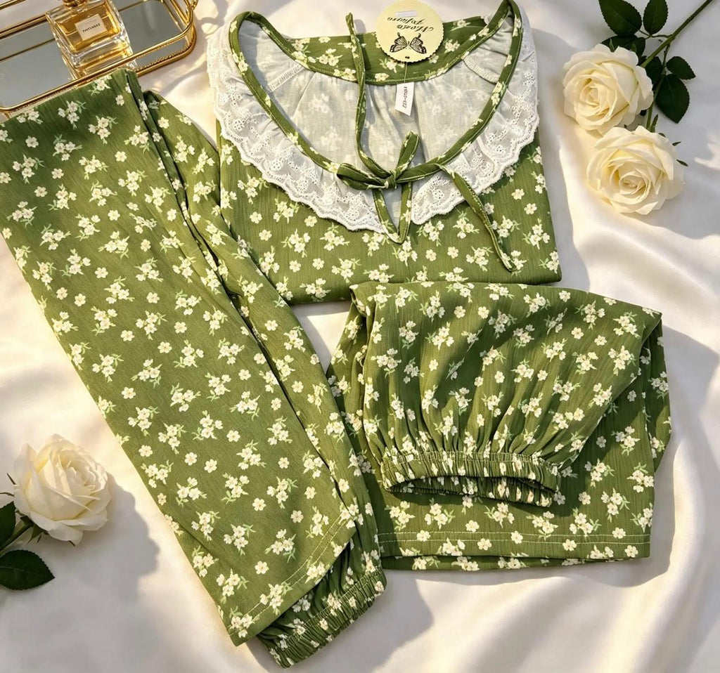 Green 3-Piece Summer Pajama Set with White Floral Print