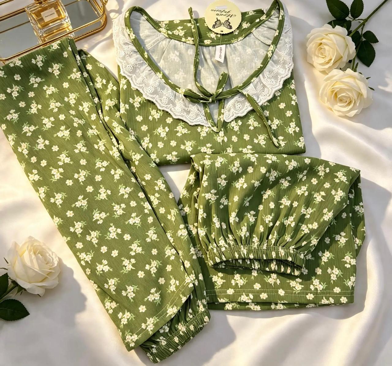 Green 3-Piece Summer Pajama Set with White Floral Print