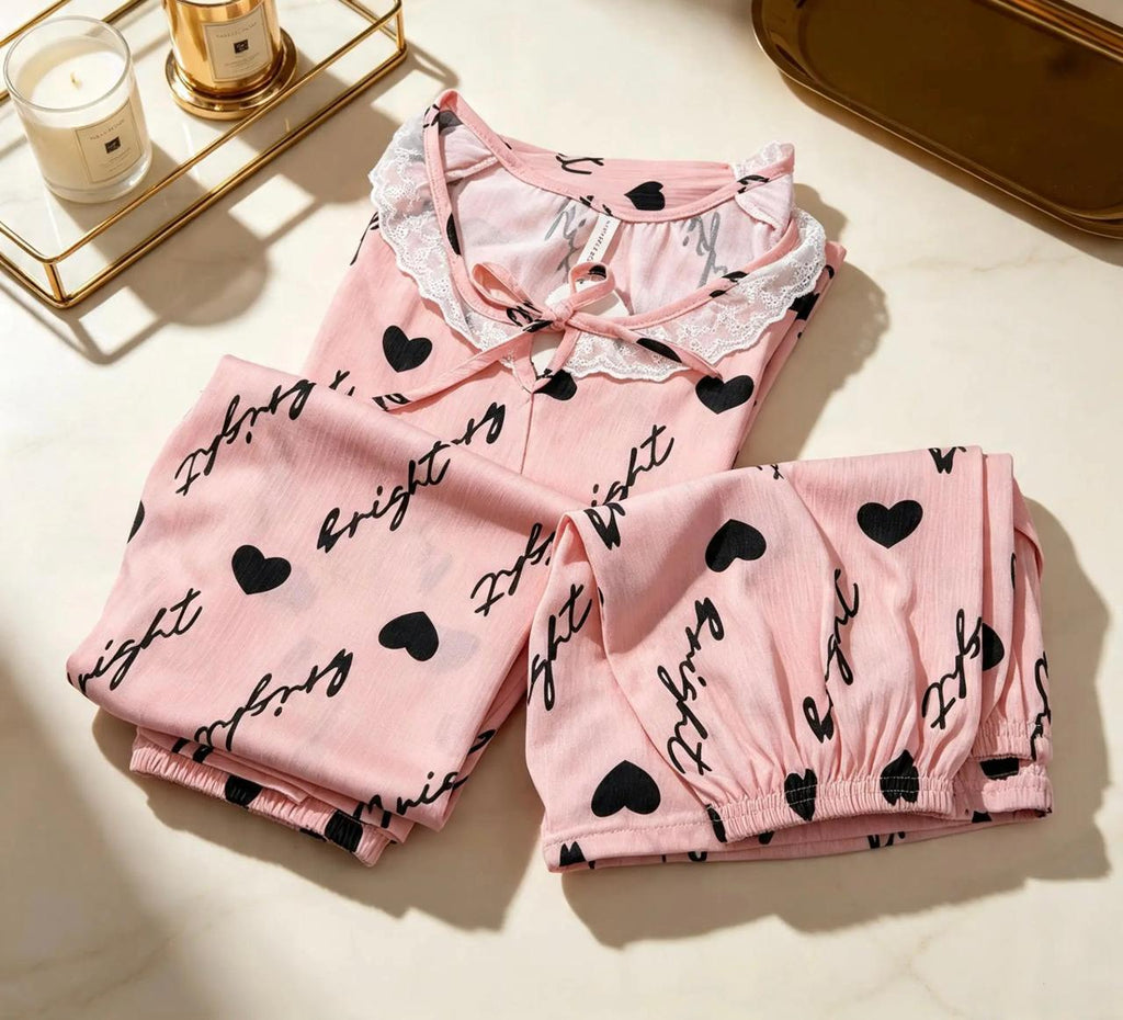 3-Piece Pink Women’s Pajama Set with Black Hearts