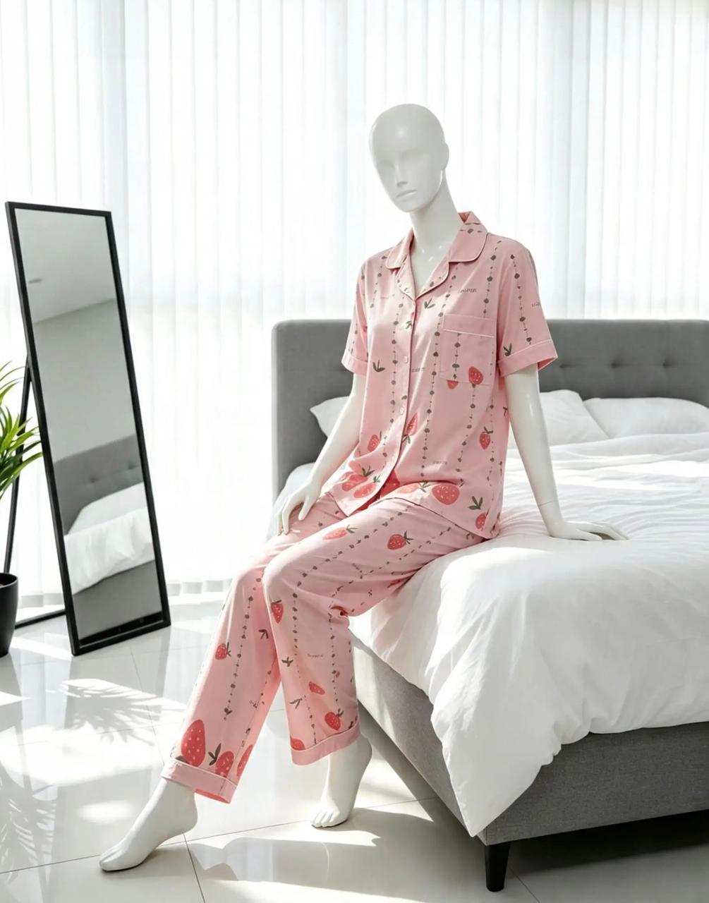 Women’s Cotton Short-Sleeve Pajama Set with Front Buttons & Strawberry Print