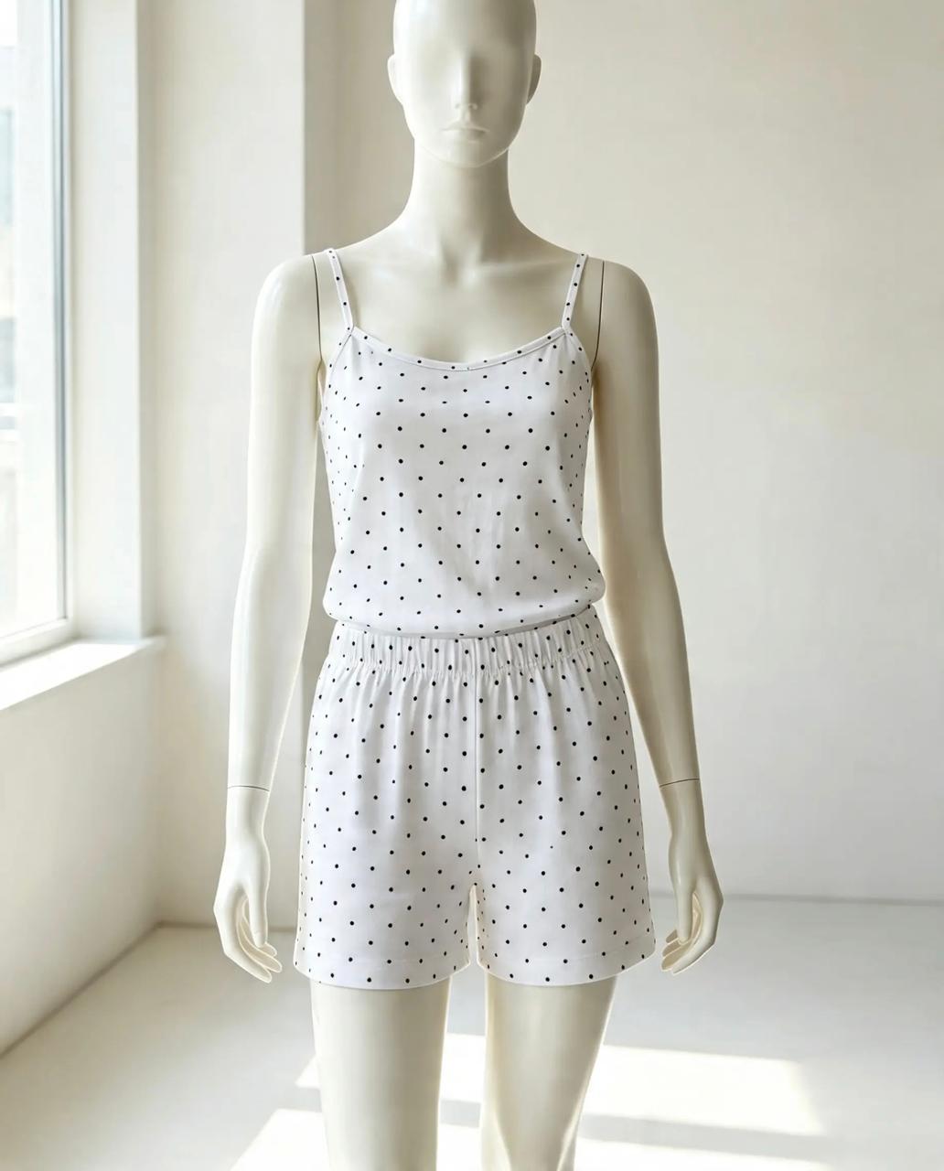 Women’s Summer Cotton Pajama Set – White Polka Dot Camisole Top & Shorts