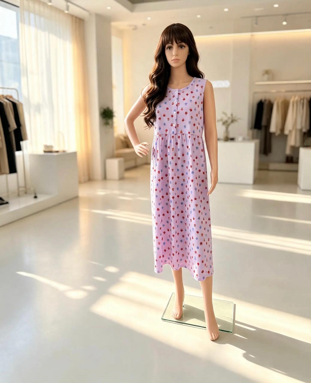 : Women's Mid-Length 100% Cotton Sleep Dress with Wide Straps
