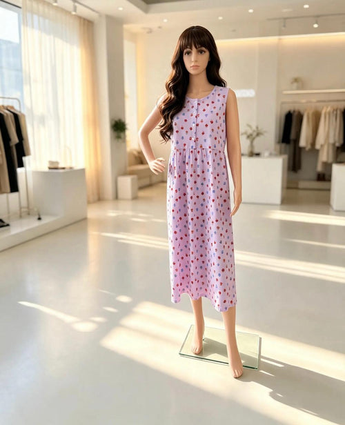 : Women's Mid-Length 100% Cotton Sleep Dress with Wide Straps