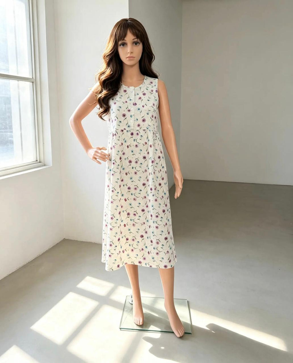 Women’s Light Gray Cotton Nightgown with Floral Print & Front Buttons