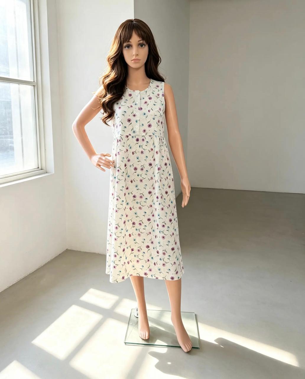Women’s Light Gray Cotton Nightgown with Floral Print & Front Buttons