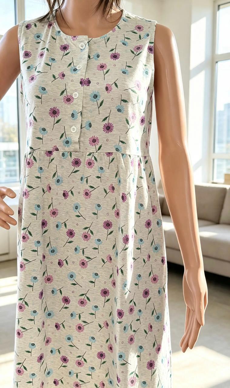 Women’s Light Gray Cotton Nightgown with Floral Print & Front Buttons