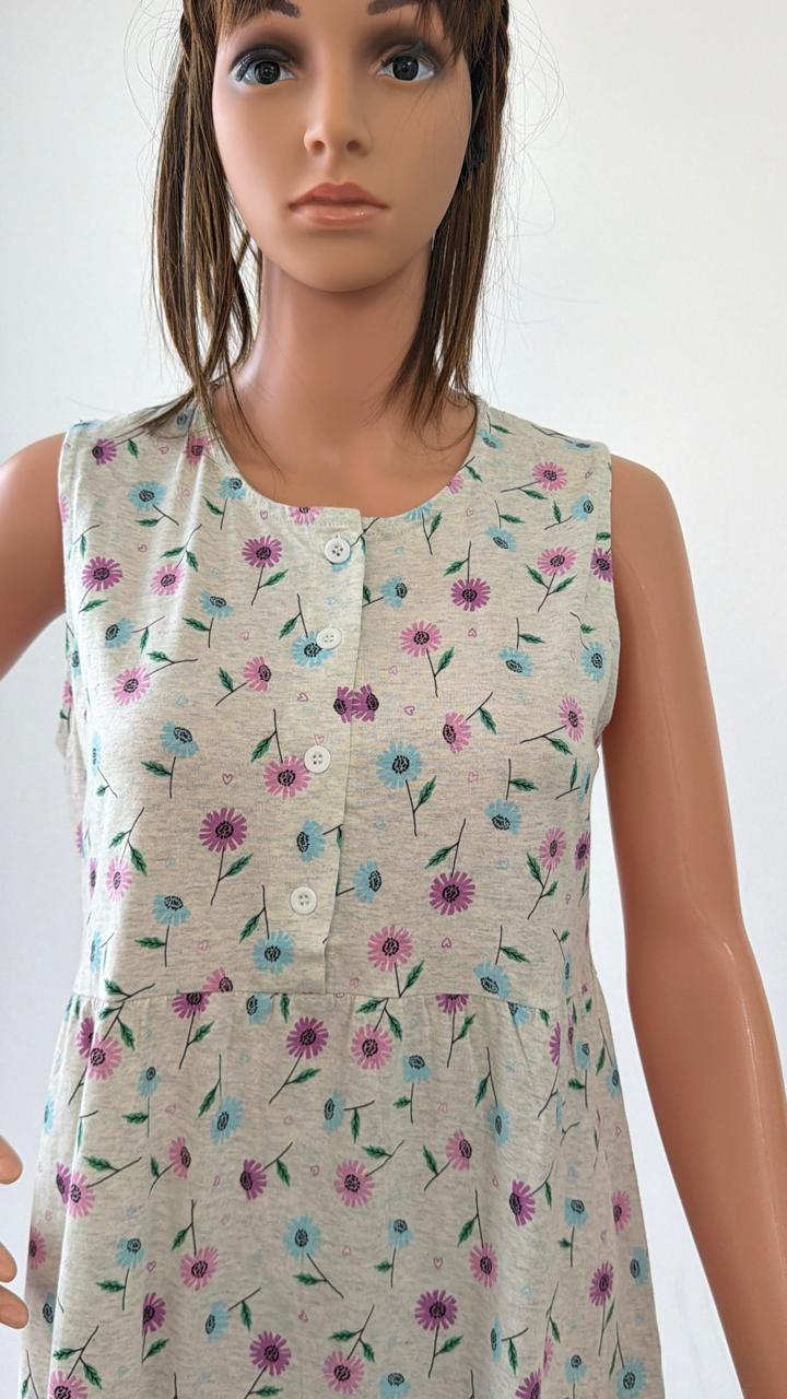 Women’s Light Gray Cotton Nightgown with Floral Print & Front Buttons