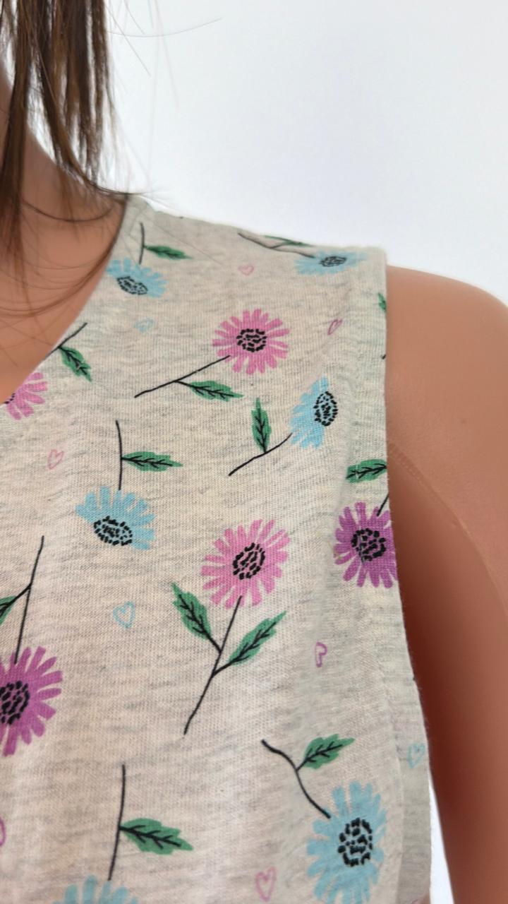 Women’s Light Gray Cotton Nightgown with Floral Print & Front Buttons