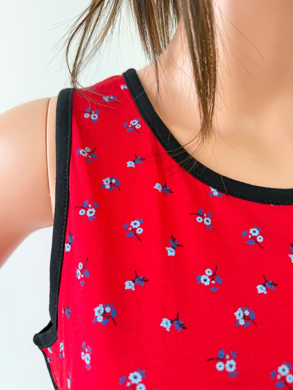 Red Cotton Stretch Women’s Pajama Set with Delicate Floral Print
