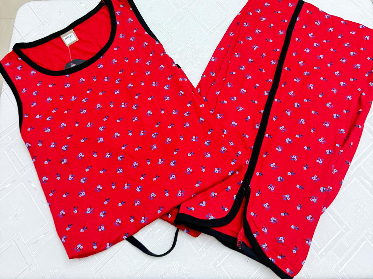 Red Cotton Stretch Women’s Pajama Set with Delicate Floral Print