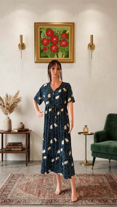 Navy Blue Long Dress with Beige Leaf Print – Premium Linen Fabric