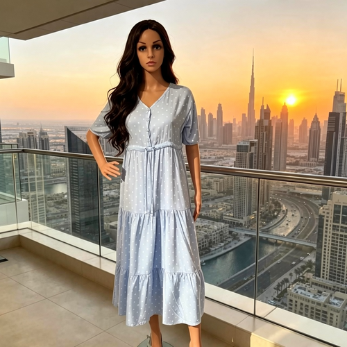Baby Blue Dress with Small White Heart Print – Elegant & Comfortable