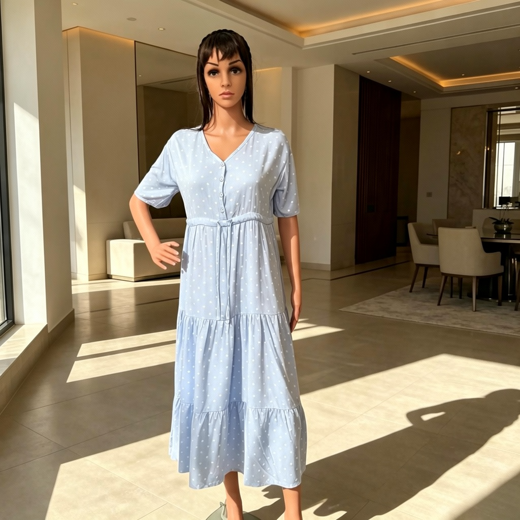 Baby Blue Dress with Small White Heart Print – Elegant & Comfortable
