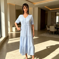 Baby Blue Dress with Small White Heart Print – Elegant & Comfortable